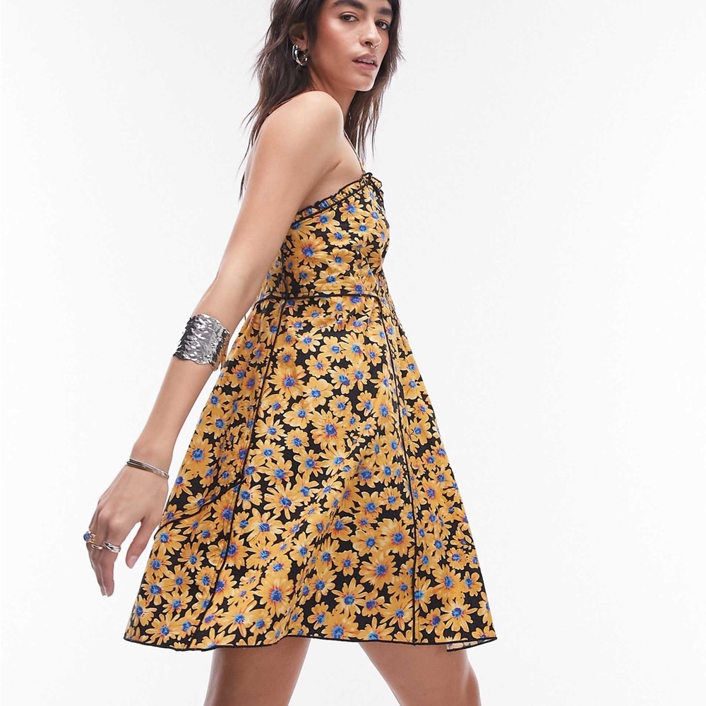 Topshop Strappy Ruched Floral Yellow Dress‎